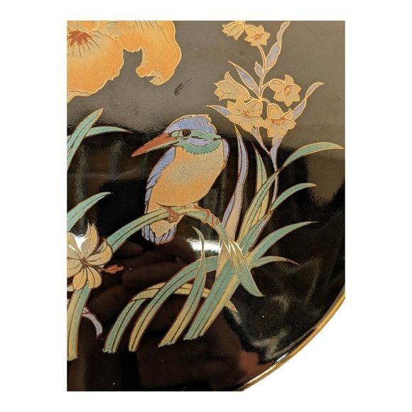 Vintage Japanese Trinket Jewelry Box Black Round Kingfisher Bird Iris Flowers - Picture 3 of 6